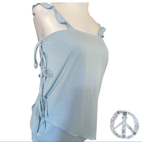 $ 5 add on item $ sky blue faux 3 tie wrap top with ruffled straps. - Picture 4 of 11